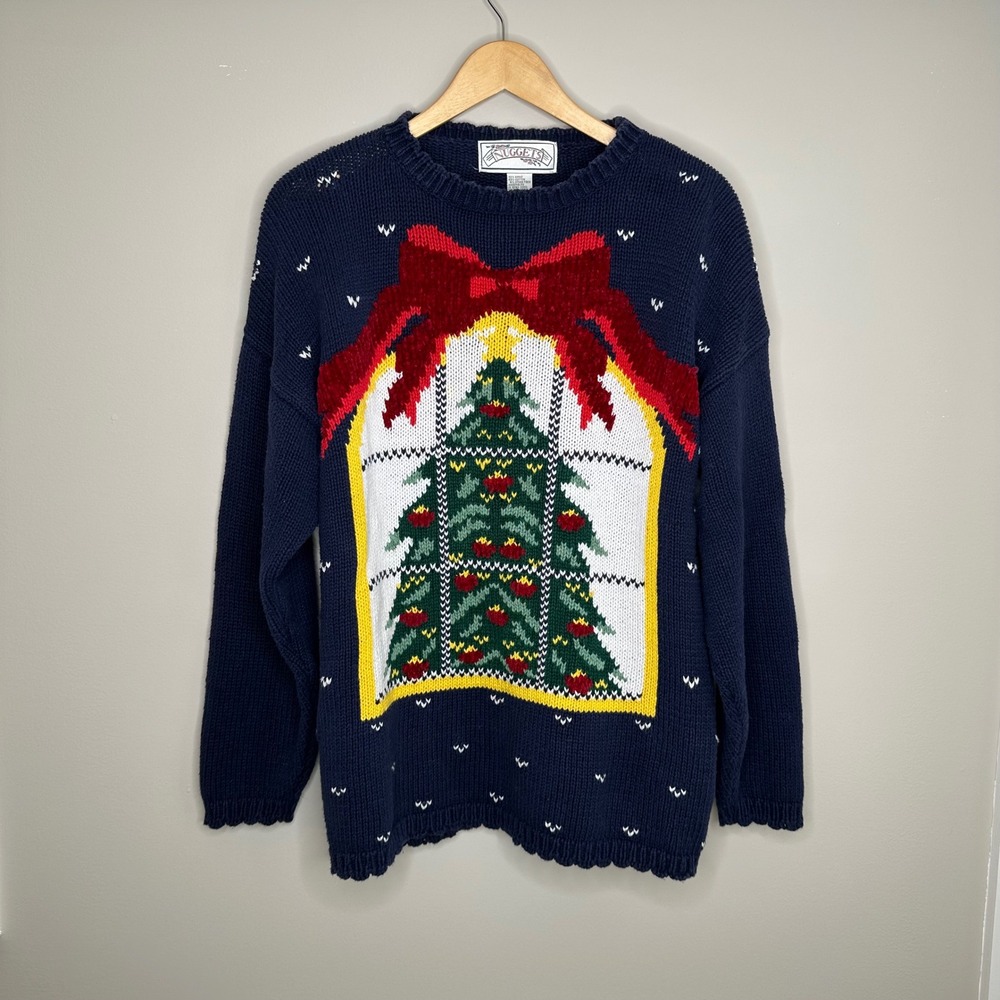Vintage Nuggets Women's Christmas Tree Bow Sweater Navy Blue Holiday Knit‎ Large